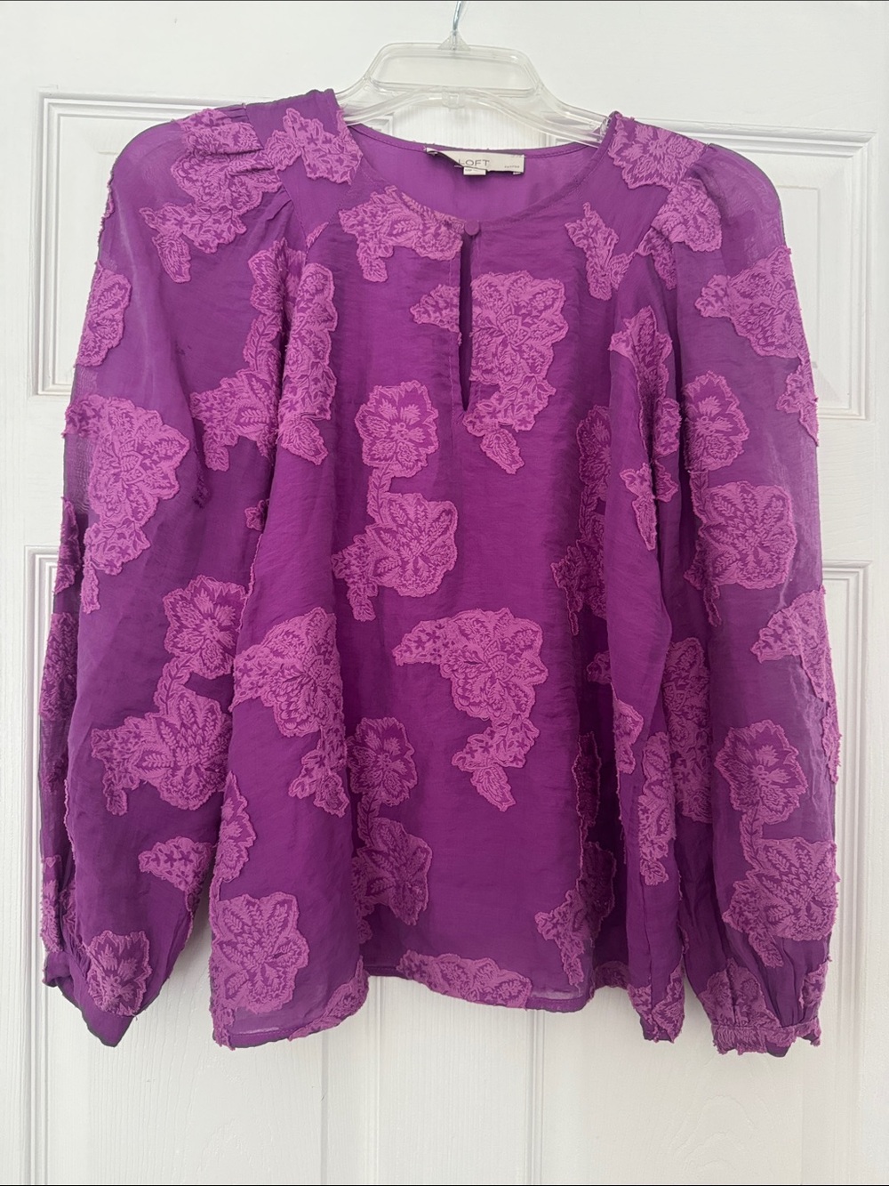 LOFT Magenta Floral Overlay Long-Sleeve Blouse